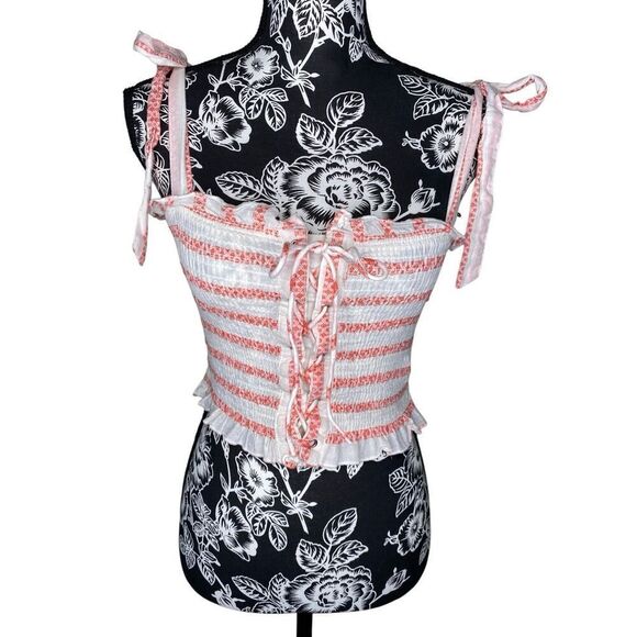 Free People Tops - Free People Smocked Lace Up Striped Crop Top Coquette Cottagecore Boho Small